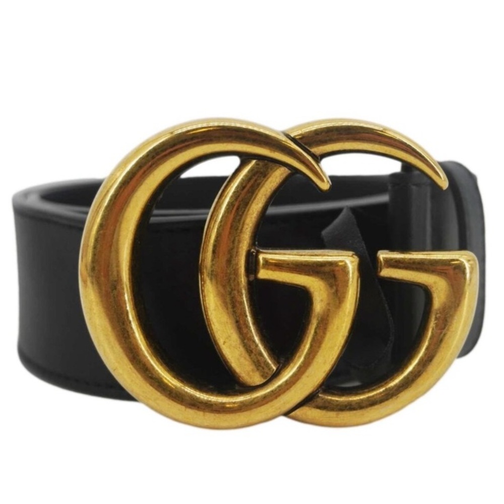 Fashion Unisex Black Leather Mono Belt With Antique Gold GG Buckle